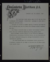 Brief vom 22.08.1908 von der Löwenbräu-Dietikon AG über Verwendung von Brauereifahrzeugen