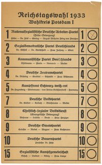 Stimmzettel zur Reichstagswahl am 5. März 1933 im Wahlkreis Potsdam I