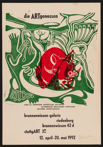 Plakat mit Linolschnitt des Künstlers Artur Märchen, Titel: die ARTgenossen, 1992